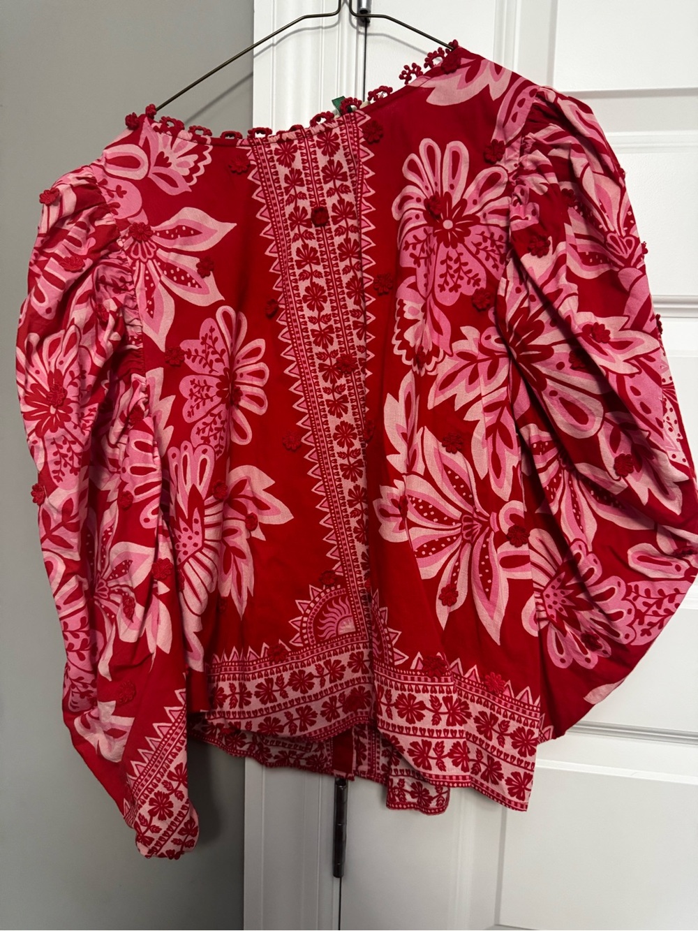 FARM Rio Red and Pink Floral Puff-Sleeve Blouse